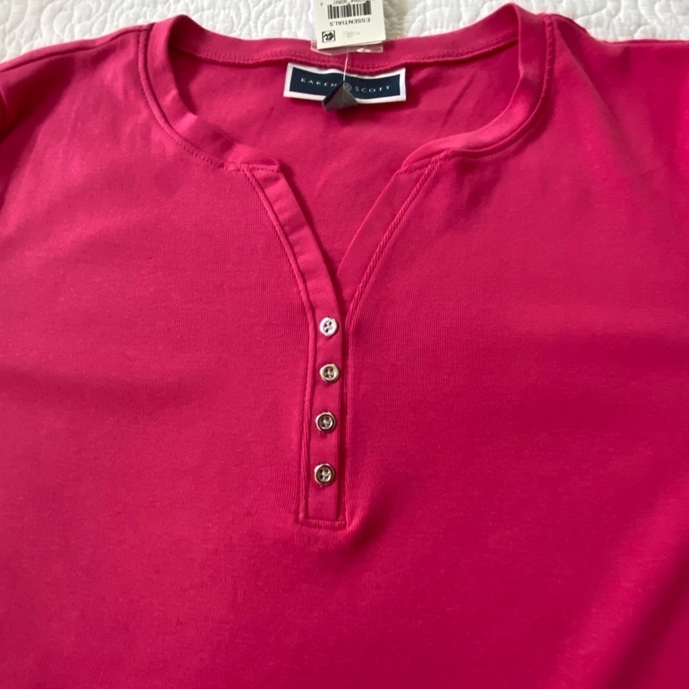 Karen Scott NWT Henley Short Sleeve Top Hot Pink Silver Buttons Size PM - Picture 7 of 12